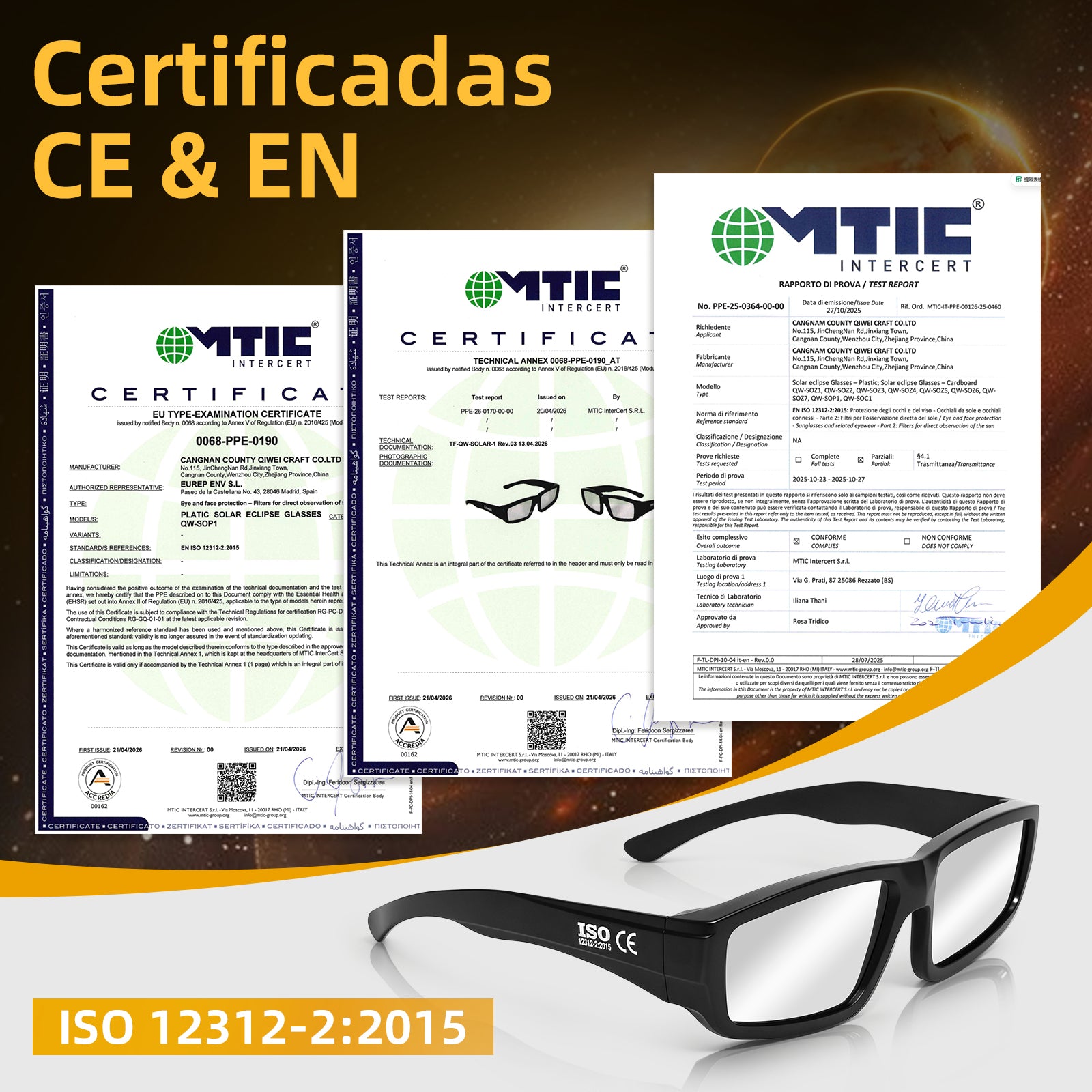 QIWEI Solar Eclipse Glasses –3 PCS EN ISO 12312-2:2015(E) & CE Certified Safe Solar Viewing Glasses, Durable Black Plastic Frame for 2026 & 2027 Total Eclipses