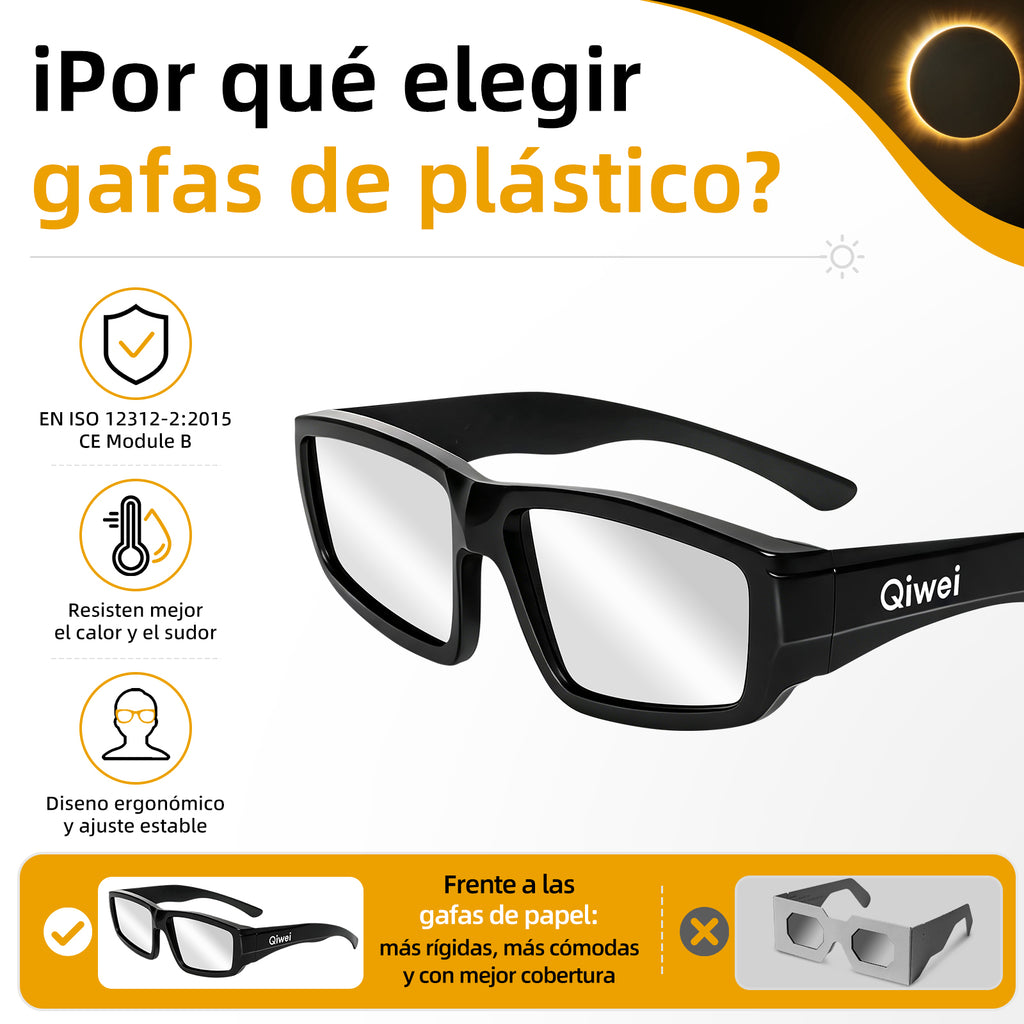 QIWEI Solar Eclipse Glasses –3 PCS EN ISO 12312-2:2015(E) & CE Certified Safe Solar Viewing Glasses, Durable Black Plastic Frame for 2026 & 2027 Total Eclipses
