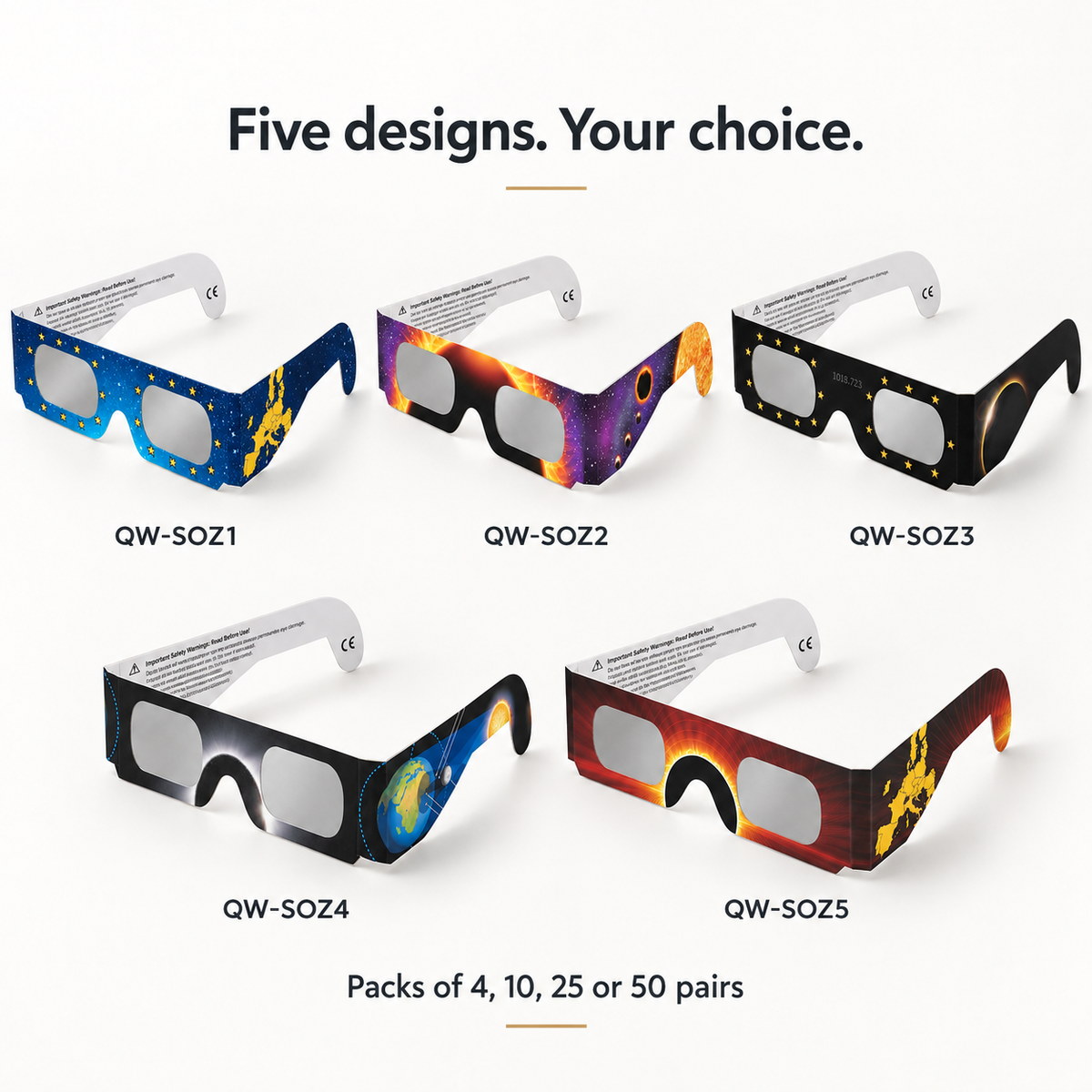Five QIWEI paper-frame eclipse glasses designs: QW-SOZ1, QW-SOZ2, QW-SOZ3, QW-SOZ4 and QW-SOZ5