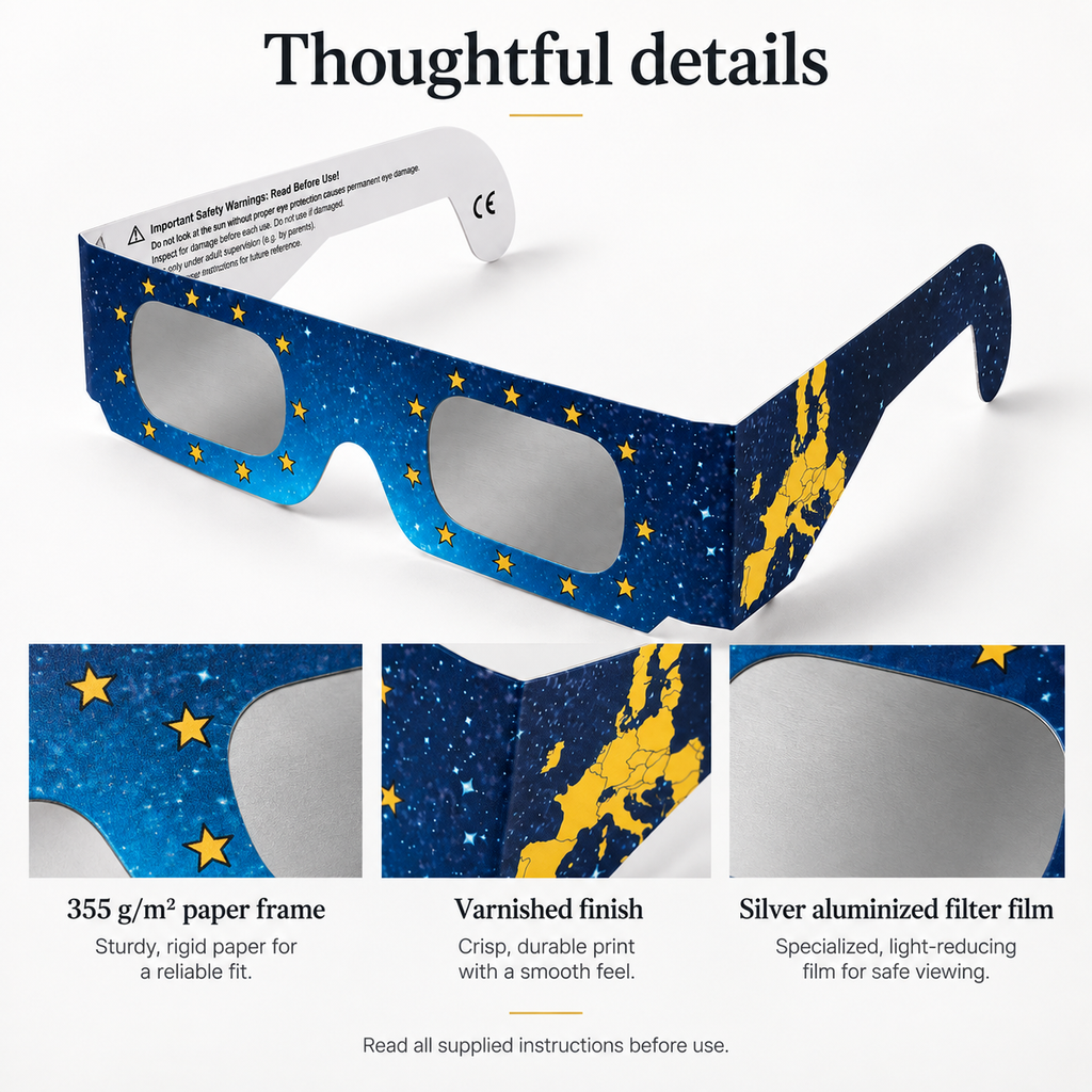 QIWEI eclipse glasses details: 355 g/m² paper frame, varnished finish and silver aluminized filter film