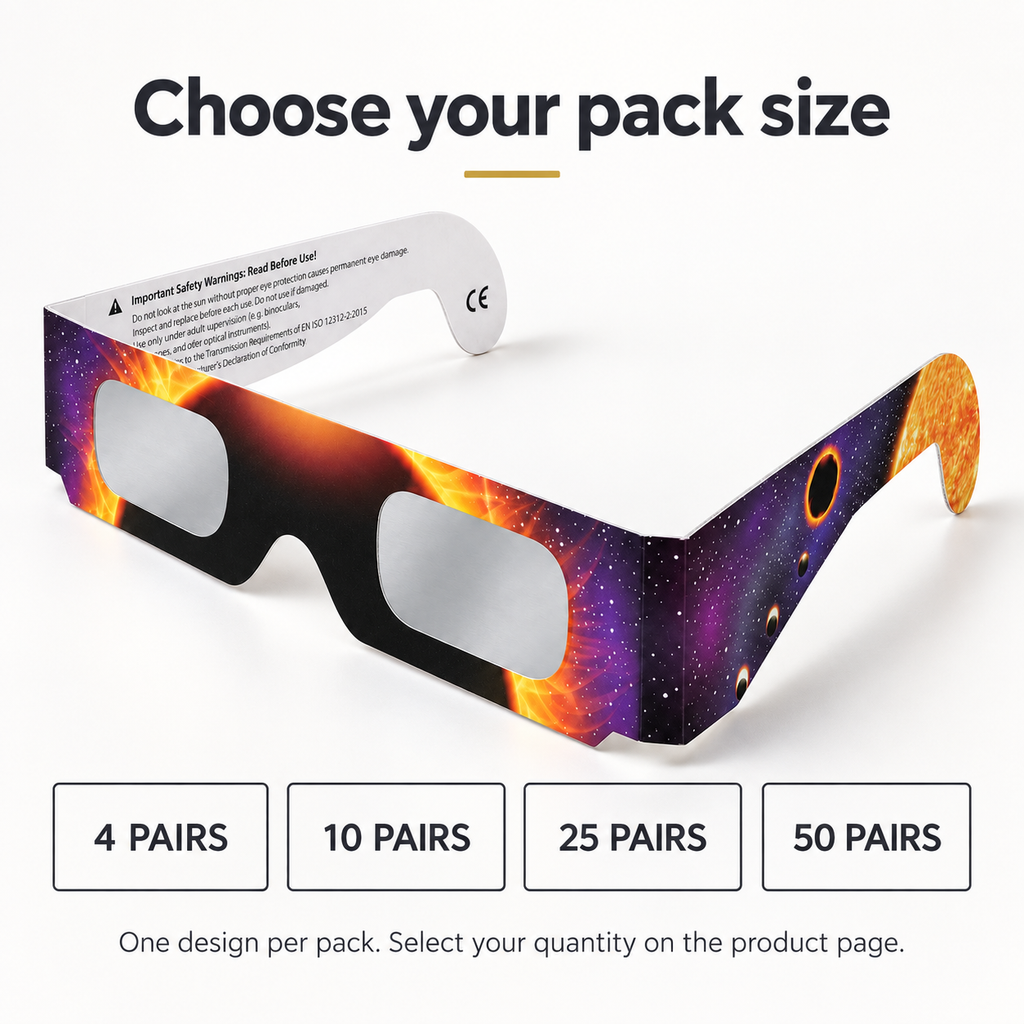 QIWEI eclipse glasses pack sizes: 4, 10, 25 or 50 pairs, with one selected design per pack