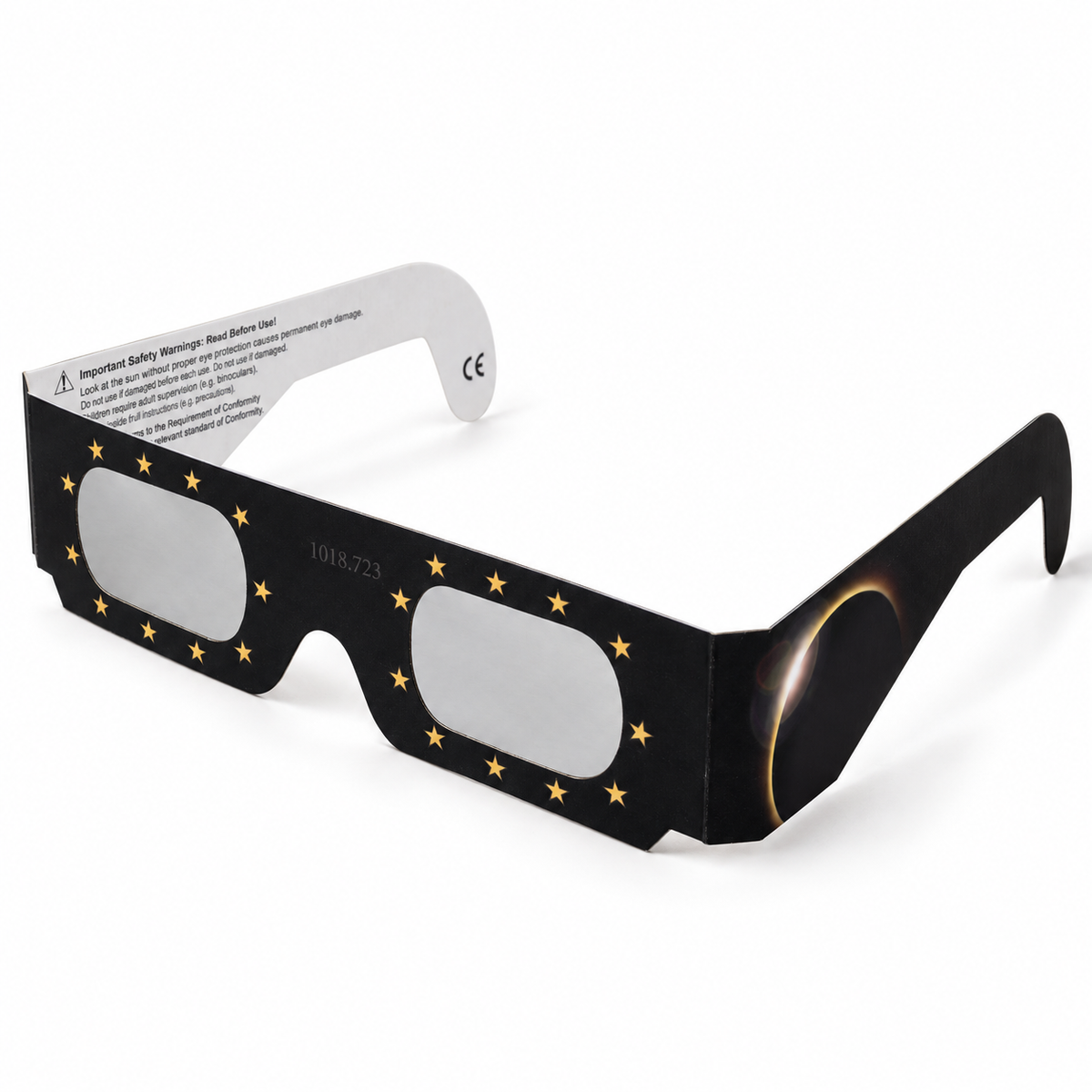 QIWEI QW-SOZ3 paper-frame solar eclipse glasses with black and gold star artwork and silver filter film